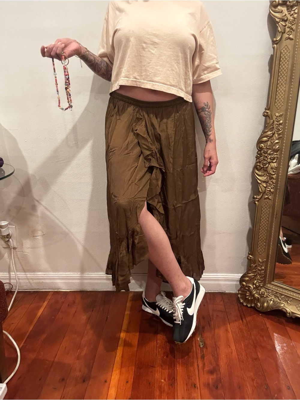 Mes Demoiselles Olive-Brown Ruffle Maxi Skirt
